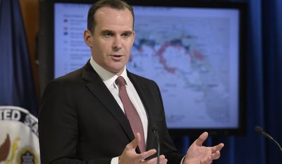 Brett McGurk, U.S. envoy for the global coalition against IS, speaks during a briefing at the State Department in Washington, Friday, Aug. 4, 2017, (AP Photo/Susan Walsh)