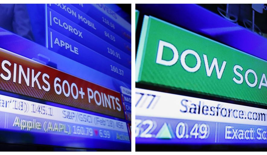 FILE - This combination photo shows a television screen on the floor of the New York Stock Exchange with a headline for the Dow Jones industrial average on Feb. 2, 2018, left, and another on Nov. 28. No matter which way the stock market goes in 2019, and Wall Street has ample arguments for either direction, expect it to be another gut-wrenching ride. (AP Photo/Richard Drew, File)