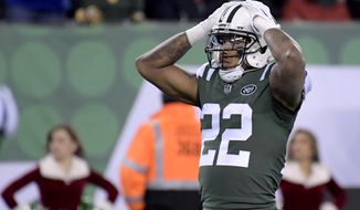 New York Jets cornerback Trumaine Johnson (22) reacts after a play against the Green Bay Packers during overtime of an NFL football game, Sunday, Dec. 23, 2018, in East Rutherford, N.J. The Packers won 44-38 in overtime. (AP Photo/Bill Kostroun)