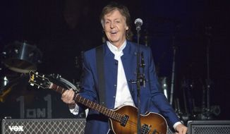 In this Monday, July 10, 2017, file photo, Sir Paul McCartney performs at Amalie Arena in Tampa, Fla. Most hosts would be quite happy to have Paul McCartney come to a shindig. Paul McCartney’s Christmas message to his fans around the world: Don’t be like me and eat and drink too much. The 76-year-old former Beatle tweeted his lighthearted holiday wishes Tuesday, Dec. 25, 2018, illustrated with photos from his younger days. (AP Photo/Scott Audette, file)