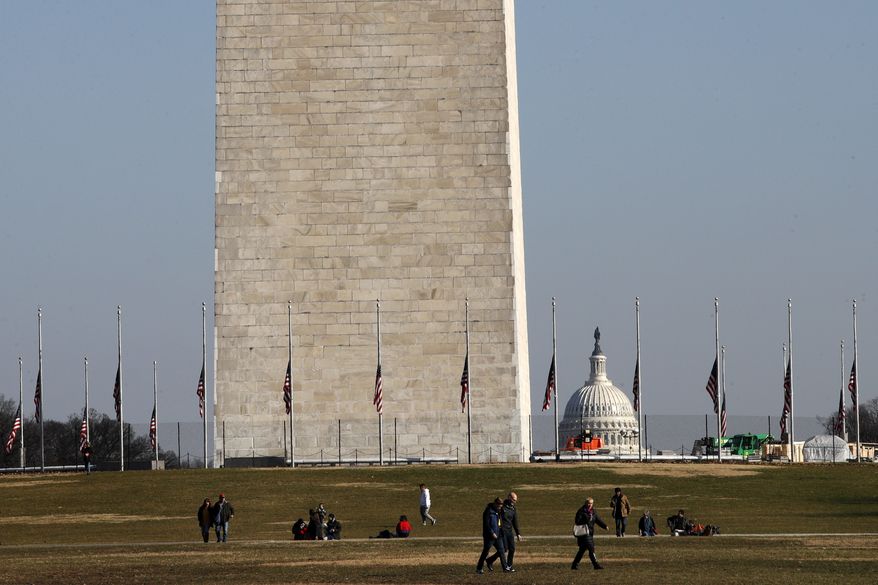 People walk near the Washington Monument, with the U.S. Capitol in the background, Wednesday, Dec. 26, 2018, as the partial government shutdown continues in Washington. (AP Photo/Jacquelyn Martin)