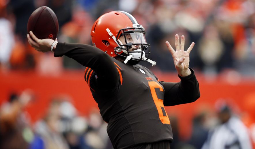 Cleveland Browns quarterback Baker Mayfield warms up before an NFL football game against the Cincinnati Bengals, Sunday, Dec. 23, 2018, in Cleveland. (AP Photo/Ron Schwane)