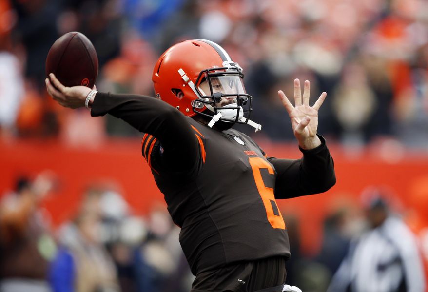 Cleveland Browns quarterback Baker Mayfield warms up before an NFL football game against the Cincinnati Bengals, Sunday, Dec. 23, 2018, in Cleveland. (AP Photo/Ron Schwane)