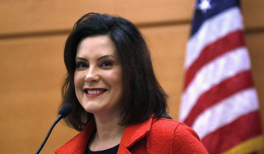 FILE - In this Nov. 7, 2018, file photo, Michigan Gov.-elect Gretchen Whitmer hosts a post-election news conference in Detroit. Whitmer on Thursday, Dec. 27, named much of her Cabinet, including officials who will be involved in her two of her top priorities, cleaning up drinking water and improving roads. (AP Photo/Carlos Osorio, File)