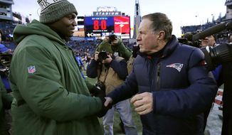 New York Jets head coach Todd Bowles, left, and New England Patriots head coach Bill Belichick shake hands at midfield after an NFL football game, Sunday, Dec. 30, 2018, in Foxborough, Mass. (AP Photo/Charles Krupa)