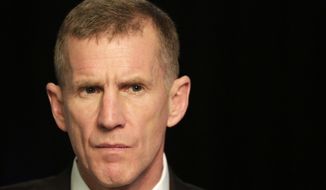 FILE- In this Jan. 7, 2013, file photo retired Gen. Stanley McChrystal reacts during an interview with The Associated Press in New York. The former top U.S. commander in Afghanistan says that withdrawing up to half the 14,000 American troops serving there reduces the incentive for the Taliban to negotiate a peace deal after more than 17 years of war. McChrystal says on ABC’s “This Week” that the U.S. has “basically traded away the biggest leverage point we have.” (AP Photo/Mark Lennihan, File)