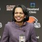 In this Oct. 21, 2010, file photo former Secretary of State Condoleezza Rice talks with the media after visiting with the Cleveland Browns coaches and players at the Browns training facility in Berea, Ohio. (AP Photo/Amy Sancetta, File)