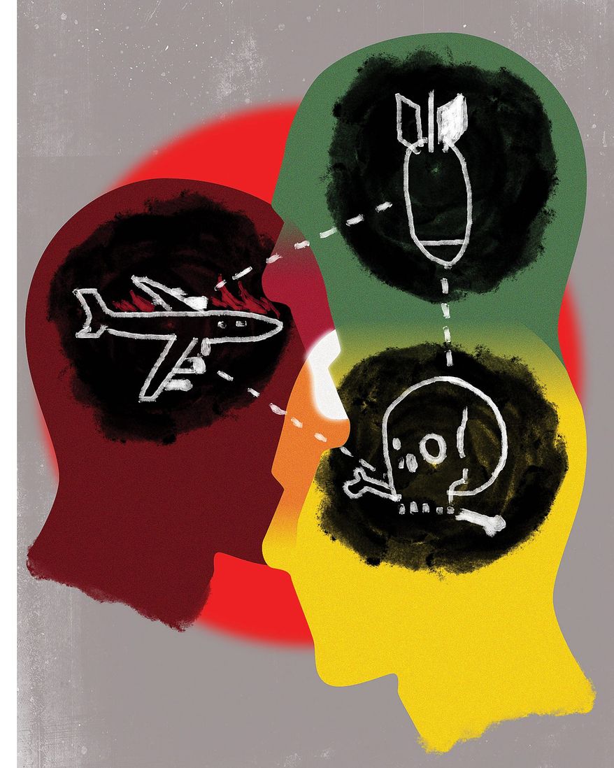 Illustration on the terrorist mind by Linas Garsys/The Washington Times