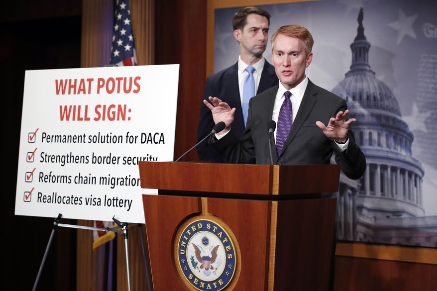FILE - In a Feb. 12, 2018 file photo, Sen. Tom Cotton, R-Ark., stands at left as Sen. James Lankford, R-Okla., speaks during a news conference about an immigration bill on Capitol Hill in Washington. Northern Michigan's Lake Superior State University on Monday released their 43rd annual List of Words Banished from the Queen's English for Mis-use, Over-use and General Uselessness. Some of the 18 chosen from public submissions include "in the books," "grapple," "optics," and "OTUS family of acronyms" such as POTUS for the President of the United States. (AP Photo/Alex Brandon)