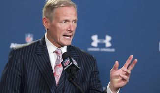 FILE - In this Feb. 21, 2015 file photo, NFL Network draft analyst Mike Mayock talks with reporters during a news conference at the NFL football scouting combine in Indianapolis. The Oakland Raiders have hired Mayock as their new general manager. A person familiar with the move confirmed the decision to bring Mayock aboard alongside coach Jon Gruden. The person spoke on condition of anonymity because the hiring hadn&#x27;t been announced. ESPN first reported the move.   (AP Photo/Doug McSchooler, File)
