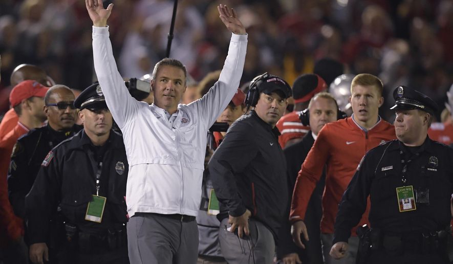 Ohio State coach Urban Meyer celebrates the team's 28-23 win over Washington during the Rose Bowl NCAA college football game Tuesday, Jan. 1, 2019, in Pasadena, Calif. (AP Photo/Mark J. Terrill)