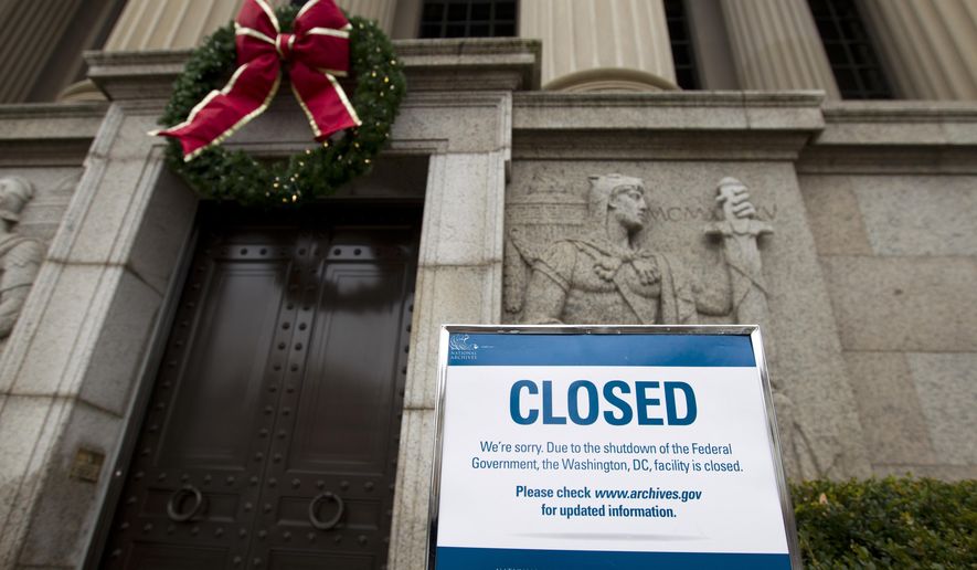 A closed sign is displayed at The National Archives entrance in Washington, Tuesday, Jan. 1, 2019, as a partial government shutdown stretches into its third week. A high-stakes move to reopen the government will be the first big battle between Nancy Pelosi and President Donald Trump as Democrats come into control of the House. (AP Photo/Jose Luis Magana)