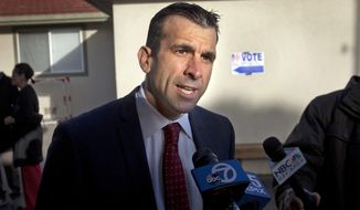 FILE - In this Nov. 4, 2014. file photo, San Jose mayor Sam Liccardo talks with reporters after dropping off his ballot on election day in San Jose, Calif. Liccardo is recovering in a hospital after being struck by an SUV while bicycling on New Year&#39;s Day. (Patrick Tehan/San Jose Mercury News via AP, File)