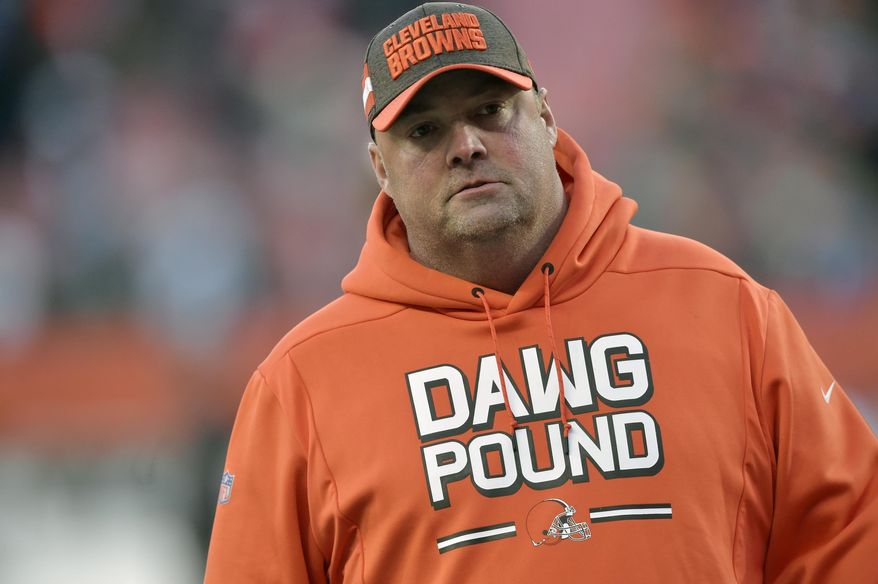 FILE - In this Sunday, Dec. 9, 2018 file photo, Cleveland Browns offensive coordinator Freddie Kitchens walks on the field after an NFL football game against the Carolina Panthers in Cleveland. A person familiar with the decision says the Browns have denied requests from other teams to interview offensive coordinator Freddie Kitchens. There has been outside interest in Kitchens, who took over Cleveland’s offense in October, said the person who spoke Thursday, Jan. 3, 2019 on condition of anonymity because the Browns are not commenting during their coaching search other than to confirm completed interviews. (AP Photo/David Richard, File)