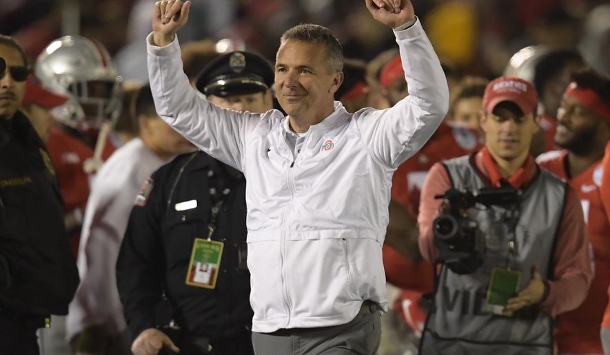 FILE - In this Tuesday, Jan. 1, 2019 file photo, Ohio State coach Urban Meyer celebrates at the end of the team&#39;s 28-23 win over Washington during the Rose Bowl NCAA college football game in Pasadena, Calif. Ohio State says the August investigation that led to a three-game suspension of football coach Urban Meyer cost the university $1 million, twice the amount originally requested for it. A school spokesman said Thursday, Jan. 3, 2019 that the initial $500,000 amount was preliminary and didn’t reflect the whole anticipated cost. (AP Photo/Mark J. Terrill, File)