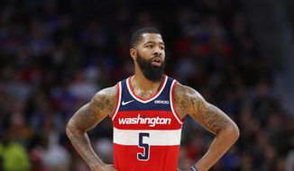 In this Dec. 26, 2018, file photo, Washington Wizards forward Markieff Morris (5) looks on during the second half of an NBA basketball game against the Detroit Pistons, in Detroit. (AP Photo/Duane Burleson) ** FILE **