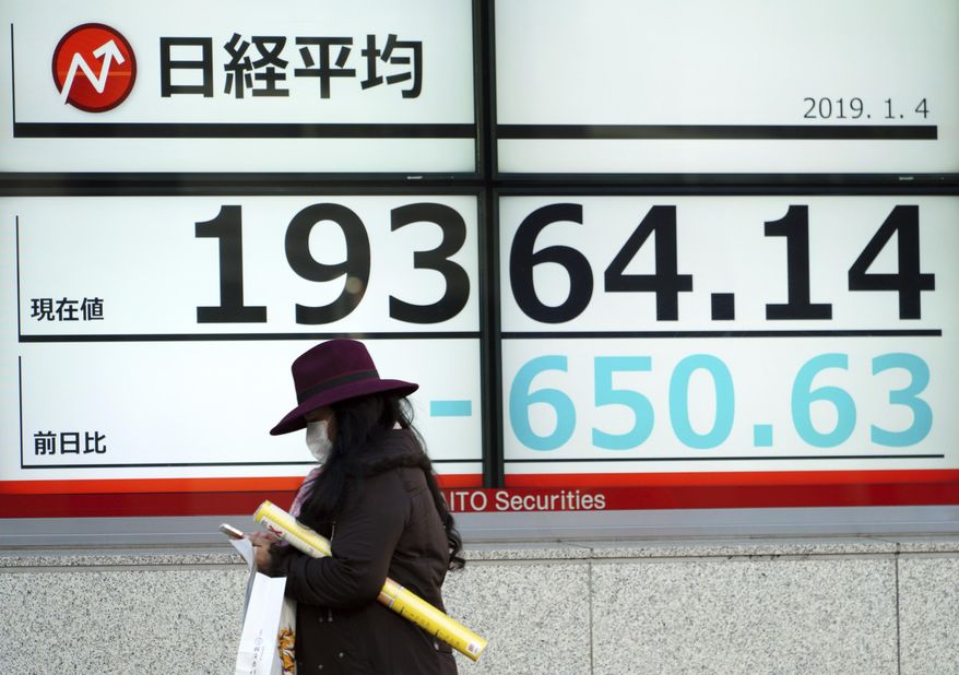 A woman walks past an electronic stock board showing Japan's Nikkei 225 index at a securities firm in Tokyo Friday, Jan. 4, 2019. Japanese markets have tumbled as they reopened after the New Year holidays, while other Asian indexes are mixed after a technology-led sell-off on Wall Street. (AP Photo/Eugene Hoshiko)