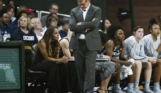 Connecticut coach Geno Auriemma walks in front of the bench during the first half of the team&#x27;s NCAA college basketball game against Baylor on Thursday, Jan. 3, 2019, in Waco, Texas. Baylor defeated No. 1 Connecticut 68-57. (AP Photo/Ray Carlin)