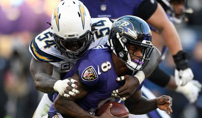 Baltimore Ravens quarterback Lamar Jackson is sacked by Los Angeles Chargers defensive end Melvin Ingram in the second half of Sunday&#39;s AFC wild card game. The Ravens lost, 23-17. (ASSOCIATED PRESS)