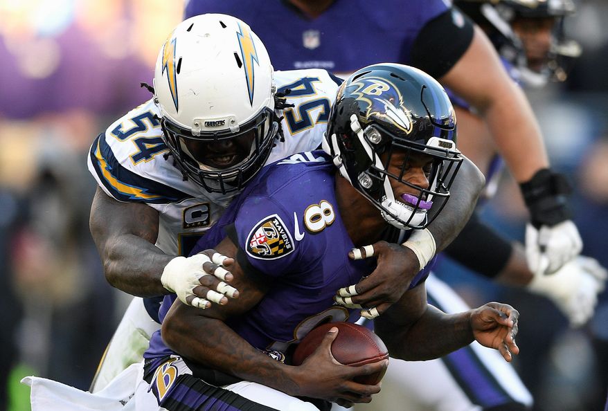 Baltimore Ravens quarterback Lamar Jackson is sacked by Los Angeles Chargers defensive end Melvin Ingram in the second half of Sunday&#x27;s AFC wild card game. The Ravens lost, 23-17. (ASSOCIATED PRESS)
