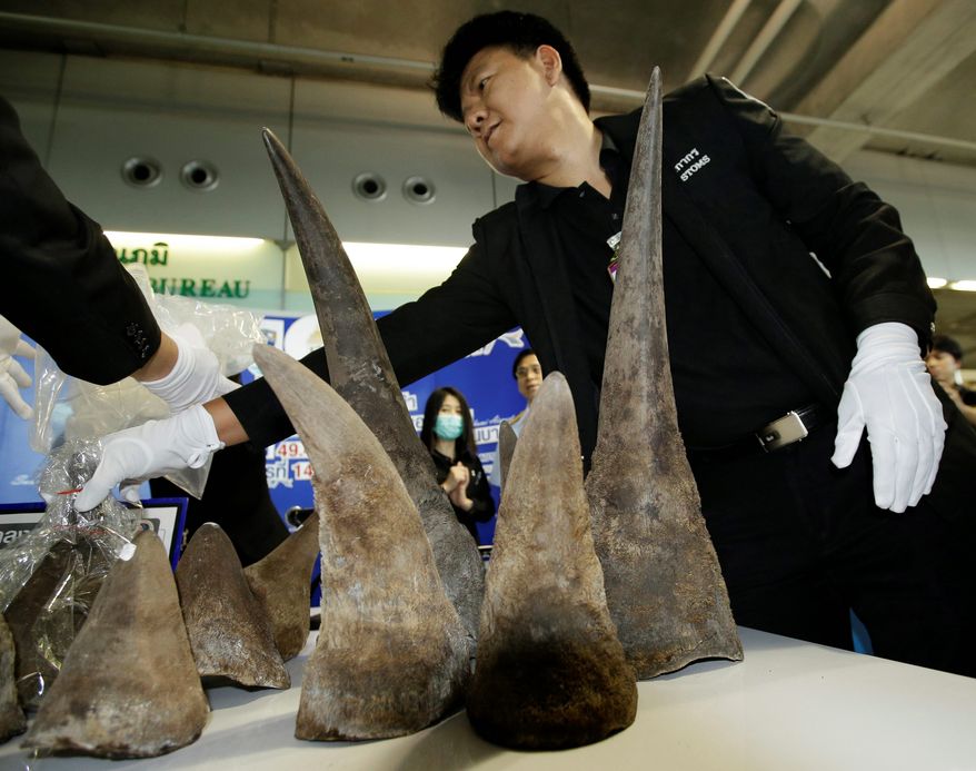 In 2017, Thai customs authorities in Bangkok seized 21 rhinoceros horns smuggled from Ethiopia. Together, they were worth almost $5 million. (Associated Press/File)