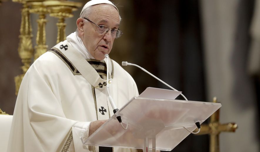 Pope Francis delivers his speech as he celebrates an Epiphany Mass in St. Peter's Basilica at the Vatican, Sunday, Jan. 6, 2019. (AP Photo/Andrew Medichini)