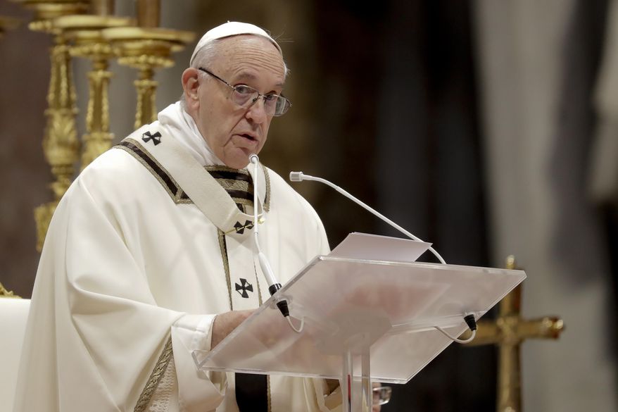 Pope Francis delivers his speech as he celebrates an Epiphany Mass in St. Peter's Basilica at the Vatican, Sunday, Jan. 6, 2019. (AP Photo/Andrew Medichini)