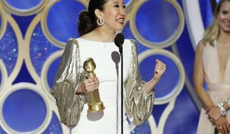 This image released by NBC shows Sandra Oh accepting the award for best actress in a drama series for her role in &amp;quot;Killing Eve&amp;quot; during the 76th Annual Golden Globe Awards at the Beverly Hilton Hotel on Sunday, Jan. 6, 2019 in Beverly Hills, Calif. (Paul Drinkwater/NBC via AP)