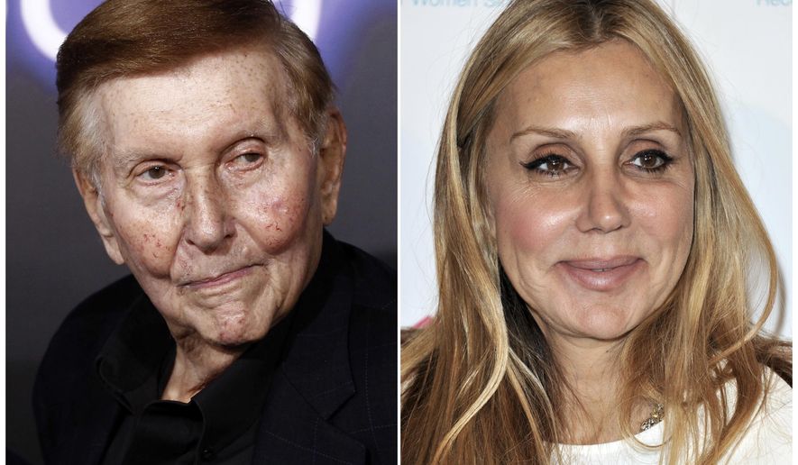 This combination photo shows Sumner Redstone at the premiere of "Footloose" in Los Angeles on Oct. 3, 2011, left, and Manuela Herzer at the Friendly House Los Angeles' 24th Annual Awards Luncheon in Los Angeles on Oct. 26, 2013. Redstone has settled a series of lawsuits that pitted him against his ex-girlfriend, Herzer, days before a trial was set to begin. Redstone’s attorney Robert Klieger said Tuesday, Jan. 8, 2019, that Herzer will return $3.25 million, which Redstone had given her, and relinquish any claim she has over his estate or health. (AP Photo)
