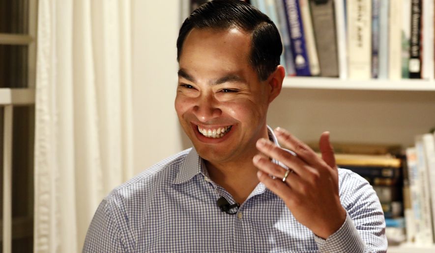 Former Housing and Urban Development Secretary Julian Castro speaks during a house party at the Ed and Jane Cranston home, Monday, Jan. 7, 2019, in North Liberty, Iowa. (AP Photo/Charlie Neibergall)