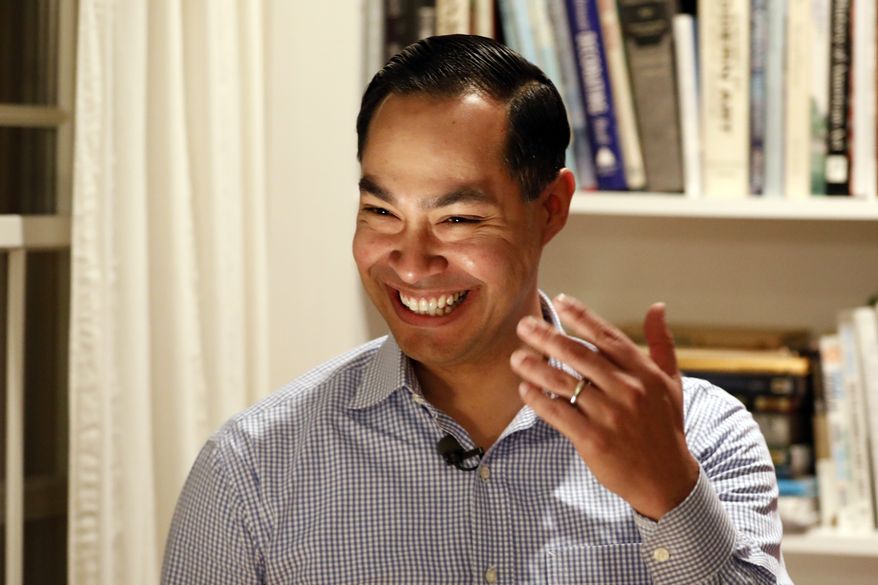 Former Housing and Urban Development Secretary Julian Castro speaks during a house party at the Ed and Jane Cranston home, Monday, Jan. 7, 2019, in North Liberty, Iowa. (AP Photo/Charlie Neibergall)