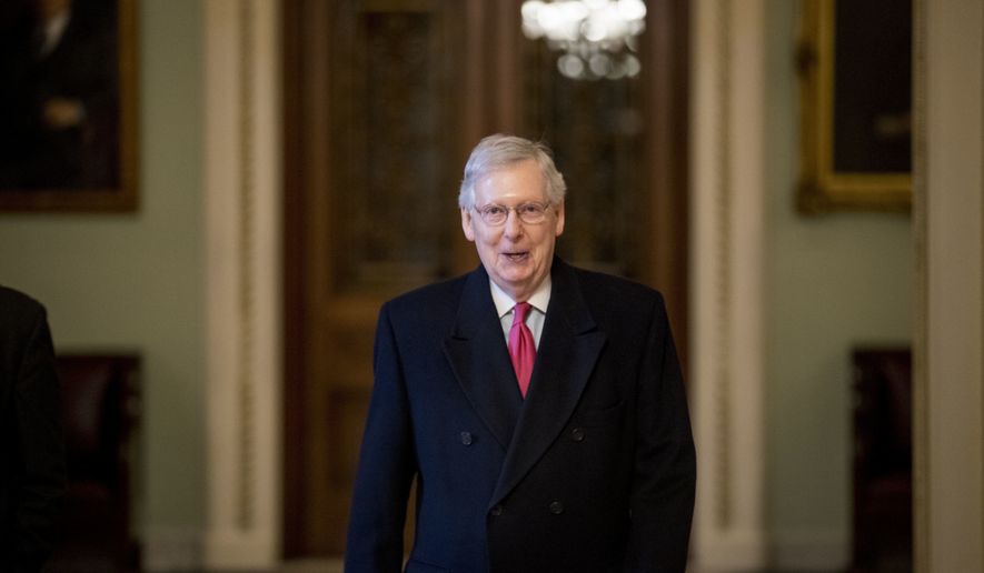 In this Jan. 3, 2019, photo, Senate Majority Leader Mitch McConnell of Ky. arrives on Capitol Hill in Washington, as the 116th Congress begins. Senate Republicans’ first bill of the new Congress aims to insert the legislative branch into President Donald Trump’s Middle East policy — but also tries to drive a wedge between centrist and liberal Democrats over attitudes toward Israel. The bipartisan package backed by McConnell, had initially drawn widespread support ahead of Tuesday’s vote. (AP Photo/Andrew Harnik)