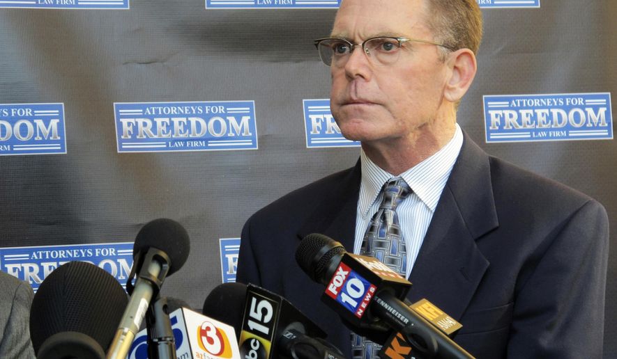 FILE - In this Feb. 2, 2018 file photo, Douglas Haig takes questions from reporters at a news conference in Chandler, Ariz. Haig, an Arizona aerospace engineer, wants to prevent a federal jury from hearing references to the deadliest mass shooting by gunman Stephen Paddock in modern U.S. history in his upcoming trial on charges that he illegally manufactured ammunition found in the shooter’s Las Vegas Strip hotel suite. Haig's defense attorney, Marc Victor, said in documents filed Monday, Jan. 7, 2018, that referring to the Oct. 1, 2017, shooting improperly confuses issues and will mislead a jury to unfairly link his client with the massacre. (AP Photo/Brian Skoloff, File)