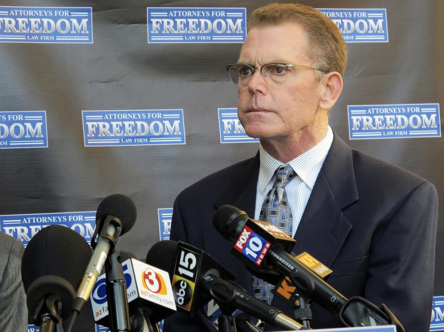FILE - In this Feb. 2, 2018 file photo, Douglas Haig takes questions from reporters at a news conference in Chandler, Ariz. Haig, an Arizona aerospace engineer, wants to prevent a federal jury from hearing references to the deadliest mass shooting by gunman Stephen Paddock in modern U.S. history in his upcoming trial on charges that he illegally manufactured ammunition found in the shooter’s Las Vegas Strip hotel suite. Haig's defense attorney, Marc Victor, said in documents filed Monday, Jan. 7, 2018, that referring to the Oct. 1, 2017, shooting improperly confuses issues and will mislead a jury to unfairly link his client with the massacre. (AP Photo/Brian Skoloff, File)