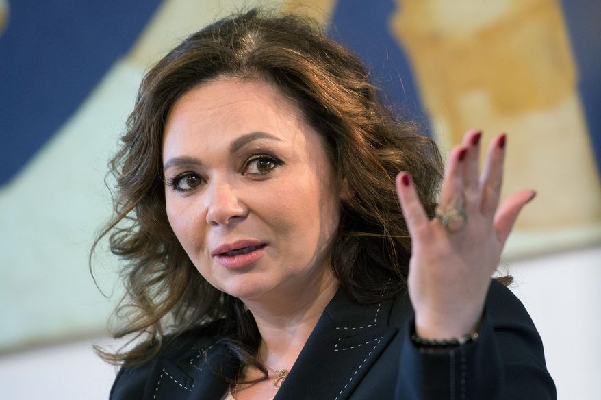 FILE - In this April 22, 2018 file photo, Russian lawyer Natalia Veselnitskaya speaks during an interview with The Associated Press in Moscow. Veselnitskaya, who became a focal point of the investigation into whether there was collusion between Russians and President Donald Trump's election campaign, was charged with obstruction of justice Tuesday, Jan. 8, 2019, in an unrelated case. (AP Photo/Dmitry Serebryakov, File)