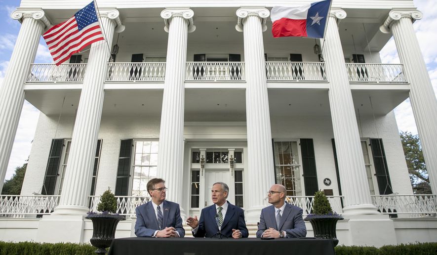 From left, Texas Lt. Gov. Dan Patrick, Texas Gov. Greg Abbott and House Speaker Dennis Bonnen speak at a news conference at the Governor's Mansion, Wednesday, Jan. 9, 2019, in Austin, Texas, on the second day of the 86th legislative session. (Jay Janner/Austin American-Statesman via AP)