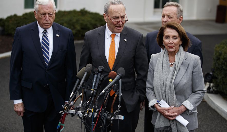 Senate Minority Leader Sen. Chuck Schumer of N.Y., talks with reporters after a meeting with President Donald Trump on border security in the Situation Room of the White House, Wednesday, Jan. 9, 2019, in Washington. From left, House Majority Leader Steny Hoyer of Md., Senate Minority Whip Dick Durbin of Ill., and Speaker of the House Nancy Pelosi of Calif.(AP Photo/ Evan Vucci)