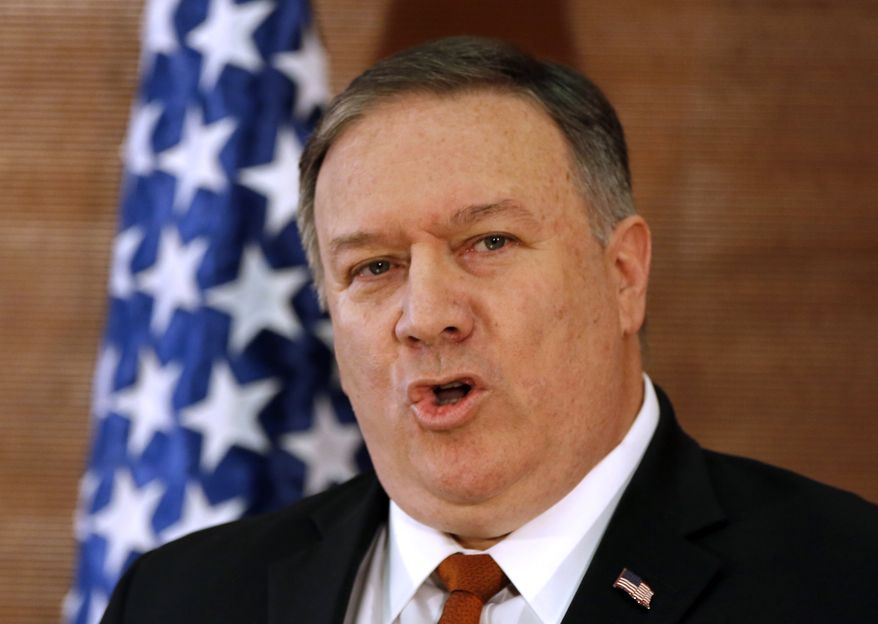 U.S. Secretary of State Mike Pompeo, gives a speech at the American University in Cairo, Egypt, Thursday, Jan. 10, 2019. Pompeo delivered a scathing rebuke of the Obama administration's Mideast policies as he denounced the former president for misguided and wishful thinking that diminished America's role in the region, harmed its longtime friends and emboldened its main foe: Iran. (AP Photo/Amr Nabil) **FILE**