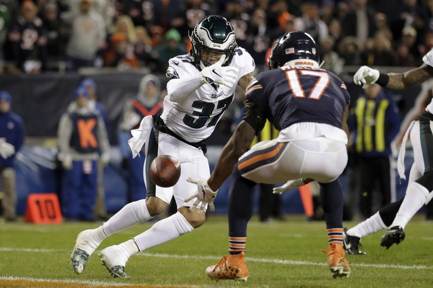 FILE - In this Jan. 6, 2019, file photo, Chicago Bears wide receiver Anthony Miller (17) misses a catch under pressure from Philadelphia Eagles defensive back Tre Sullivan (37) during the first half of an NFL wild-card playoff football game, in Chicago. When injuries ravaged the secondary, the Philadelphia Eagles turned to inexperienced guys and castoffs. The no-names are making themselves known.(AP Photo/Nam Y. Huh, File) **FILE**