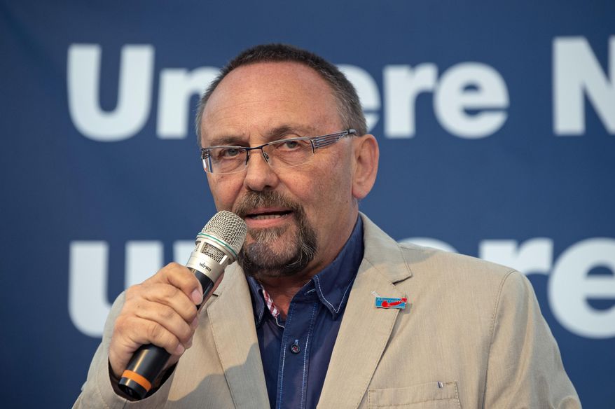 In this May 18, 2016 photo rank Magnitz, member of the AfD parliamentary group Bundestag in Berlin, speaks during a rally of Alternative for Germany against the planned building of a mosque in Erfurt. Magnitz was attacked and beaten up by several people in Bremen, Germany, Monday, Jan.7, 2019. (AP Photo/Jens Meyer)