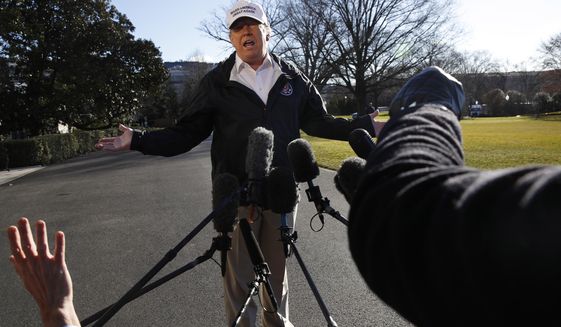 President Donald Trump gestures as reporters raise their hands while he speaks to the media on the South Lawn of the White House, Thursday Jan. 10, 2019, in Washington, en route for a trip to the border in Texas as the government shutdown continues. (AP Photo/Jacquelyn Martin)