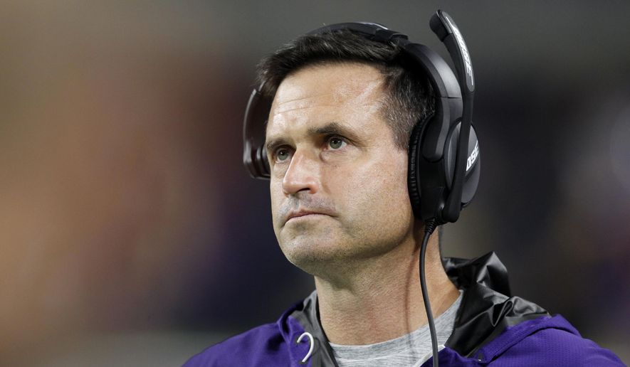 FILE- In this Dec. 1, 2016, file photo, Minnesota Vikings interim head coach Mike Priefer watches from the sideline during the second half of an NFL football game against Dallas Cowboys in Minneapolis. Former Vikings assistant Priefer will handle special teams for new Cleveland Browns coach Freddie Kitchens. Priefer, who was suspended three games by Minnesota in 2014 for an insensitive remark, released a statement Friday, Jan. 11, 2019, saying he is coming to Cleveland. (AP Photo/Andy Clayton-King, File)