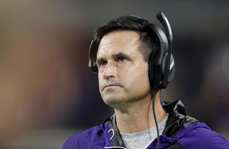 FILE- In this Dec. 1, 2016, file photo, Minnesota Vikings interim head coach Mike Priefer watches from the sideline during the second half of an NFL football game against Dallas Cowboys in Minneapolis. Former Vikings assistant Priefer will handle special teams for new Cleveland Browns coach Freddie Kitchens. Priefer, who was suspended three games by Minnesota in 2014 for an insensitive remark, released a statement Friday, Jan. 11, 2019, saying he is coming to Cleveland. (AP Photo/Andy Clayton-King, File)