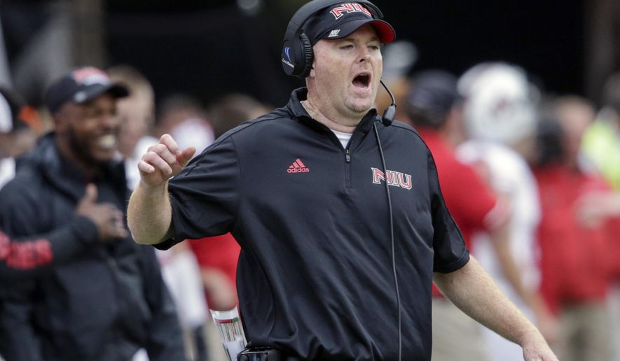FILE - In this Sept. 16, 2017, file photo, Northern Illinois head coach Rod Carey calls instructions during the second half of an NCAA college football game against Nebraska, in Lincoln, Neb. A person familiar with the move tells The Associated Press that Temple has hired Northern Illinois coach Rod Carey as its next football coach. The person spoke Friday, Jan. 11, 2019, on condition of anonymity because Temple had not made an official announcement. (AP Photo/Nati Harnik, File)