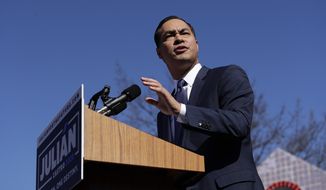Former San Antonio Mayor and Housing and Urban Development Secretary Julian Castro speaks during an event where he announced his decision to seek the 2020 Democratic presidential nomination, Saturday, Jan. 12, 2019, in San Antonio. (AP Photo/Eric Gay)