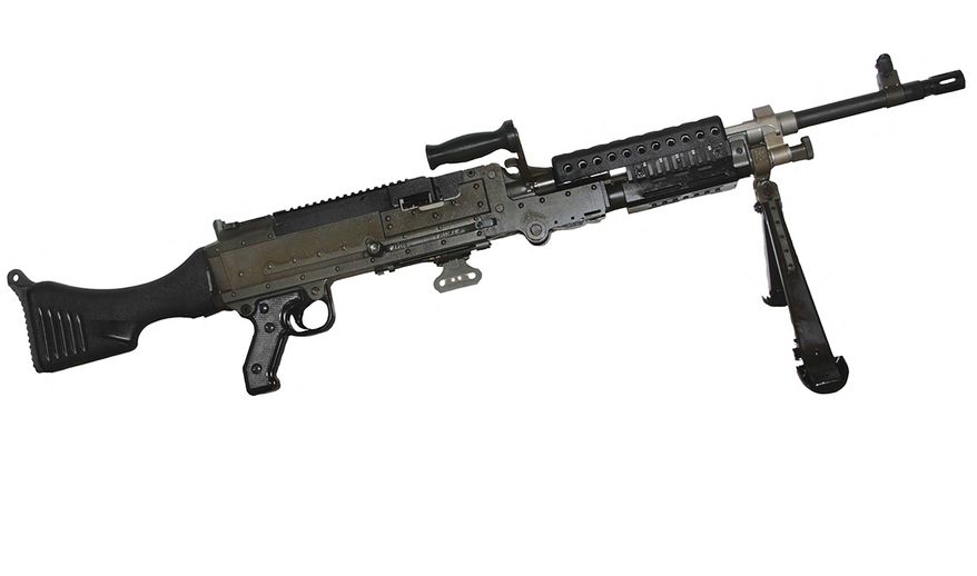 M240B Medium Machine Gun - Primary function: Anti-personnel, aerial defense and light materiel targets. Length: 4 ft. 1 in. Weight: 27.1 lbs. Caliber: 7.62 mm NATO. Maximum ef- fective range: Area target: 800 meters; point target: 1,800 meters with tripod. Cyclic rate of fire: 650-950 rounds per minute.