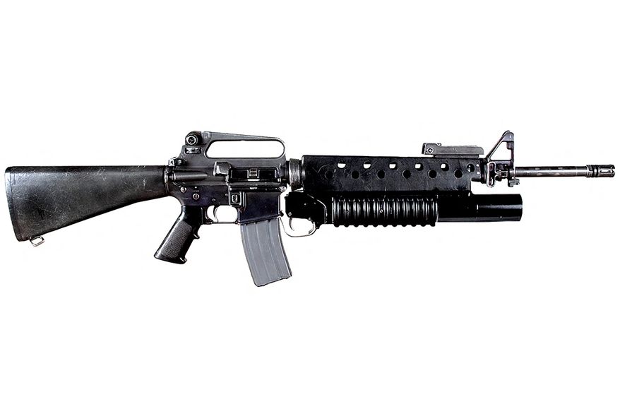 M16A2 Rifle with M203 Grenade Launcher - Primary function: Anti-personnel, light materiel targets and less-than-lethal. Length: 39.6 with compensator. Weight: 8.8 lbs. with 30-round magazine. Caliber: 5.56 mm NATO. Maximum effective range: Individual/point target: 550 meters; area target: 800meters. Cyclic rate of fire: 700-900 rounds per minute.