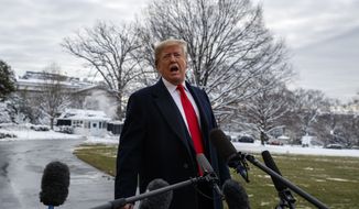 President Donald Trump talks with reporters on the South Lawn of the White House before departing for the American Farm Bureau Federation&#39;s 100th Annual Convention in New Orleans, Monday, Jan. 14, 2019, in Washington. (AP Photo/ Evan Vucci)