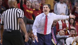 Iowa State head coach Steve Prohm disagrees with a call from one of the officials during the second half of an NCAA college basketball game against Kansas State, Saturday, Jan. 12, 2019, in Ames, Iowa. Kansas State won 58-57. (AP Photo/Justin Hayworth)