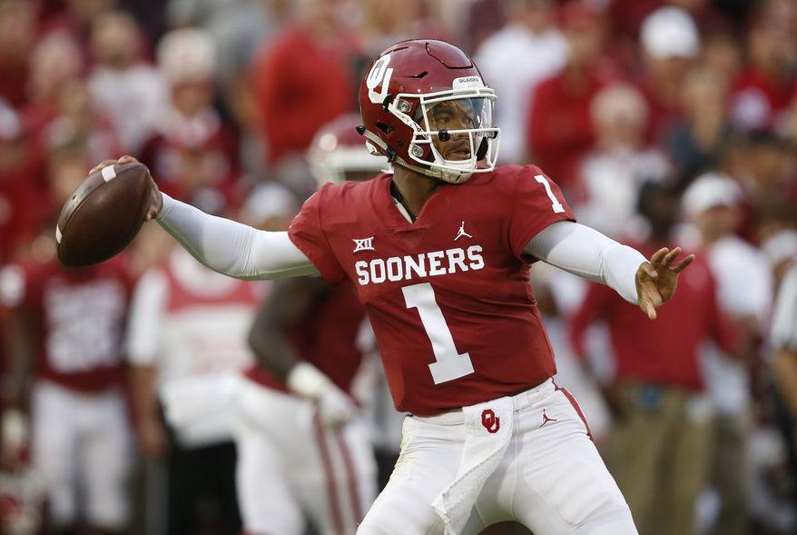 FILE - In this Sept. 22, 2018, file photo, Oklahoma quarterback Kyler Murray (1) throws in the first half of an NCAA college football game against Army, in Norman, Okla. Kyler Murray, the first-round Major League Baseball draft pick and Heisman Trophy-winning Oklahoma quarterback, says he is declaring himself eligible for the NFL draft. Murray announced his decision Monday, Jan. 14, 2019, in a tweet. (AP Photo/Sue Ogrocki) ** FILE **